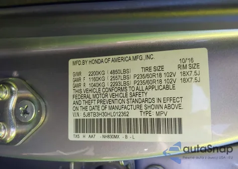 2017 Acura Rdx Acurawatch Plus Package из США, поврежденный, VIN 5J8TB3H30HL012362